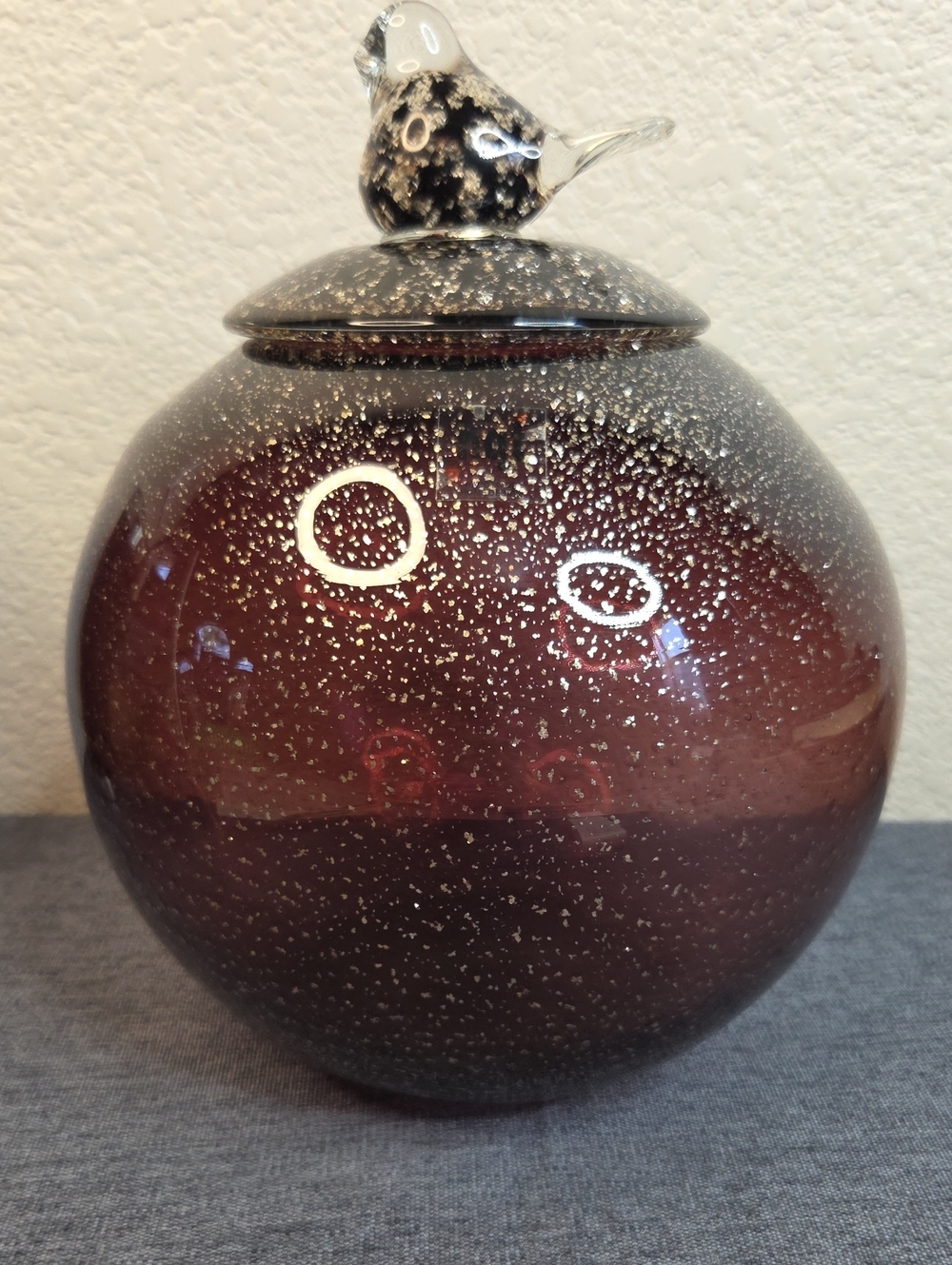 HQT Hand Blown Glass Globe Vase with Bird Lid - Warm Plum and Gold Speckled Art
